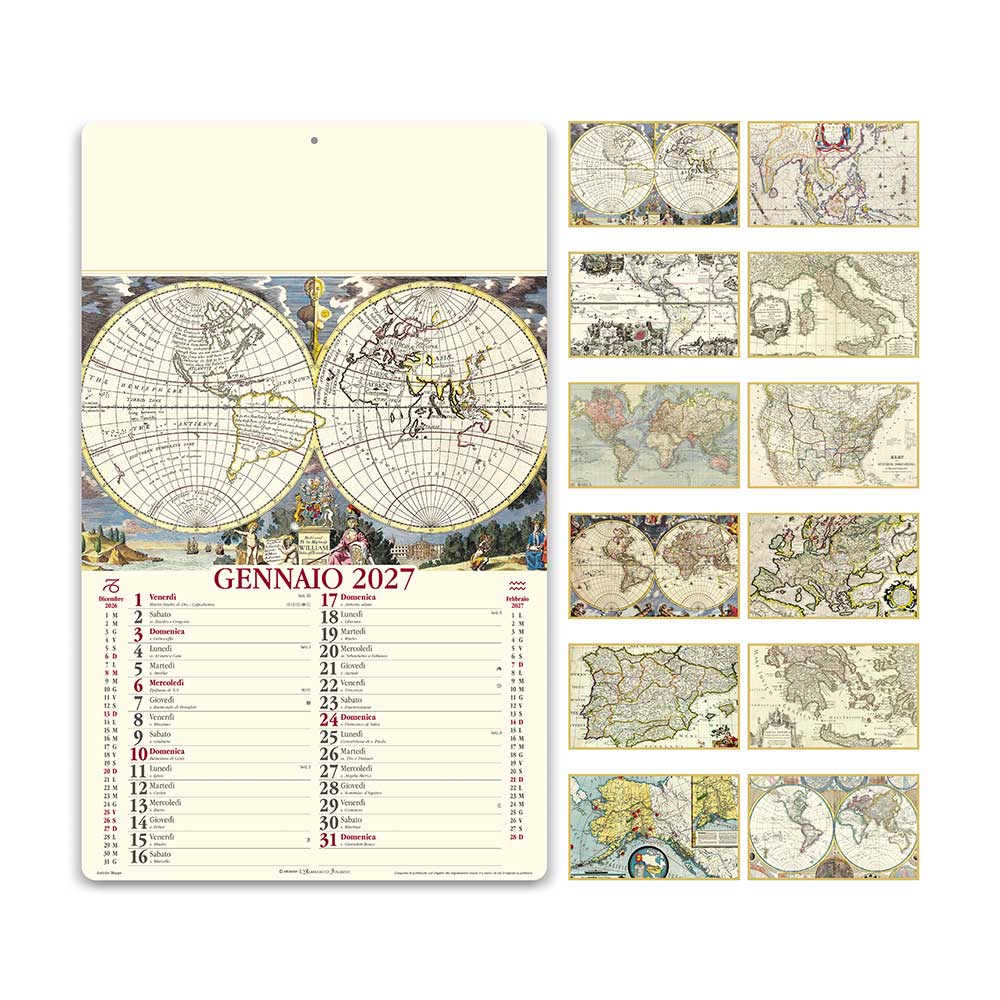 calendario antiche mappe 2027 mensile 12 fogli carta avorio testata rinforzata personalizzabile