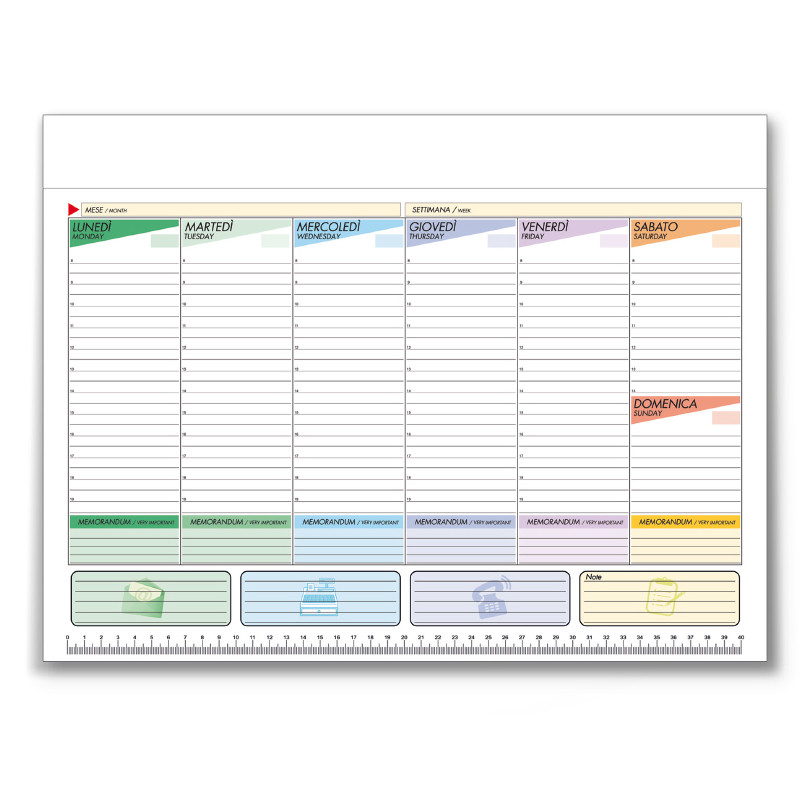 Planning da tavolo settimanale multicolor con layout a colonne colorate e testata bianca personalizzabile per loghi aziendali.