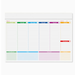 Miniplanning settimanale multicolor da scrivania con testata bianca personalizzabile e sezioni colorate per i giorni della settimana.