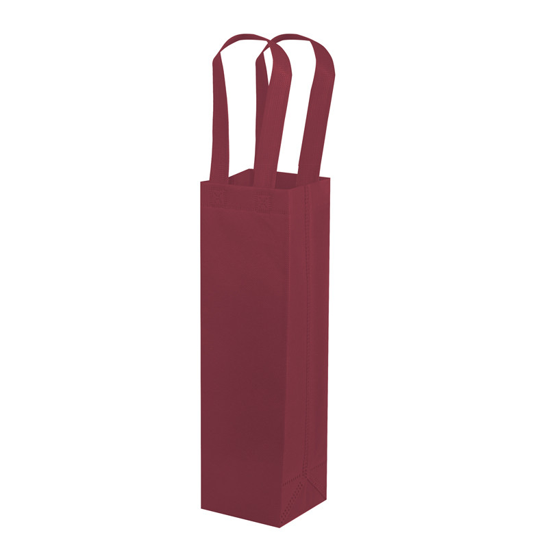 Shopper portabottiglia singola in TNT color bordeaux con manici lunghi e finitura senza finestra.