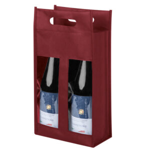 Borsa portabottiglia a due posti in TNT color bordeaux con finestre trasparenti e manici fustellati.