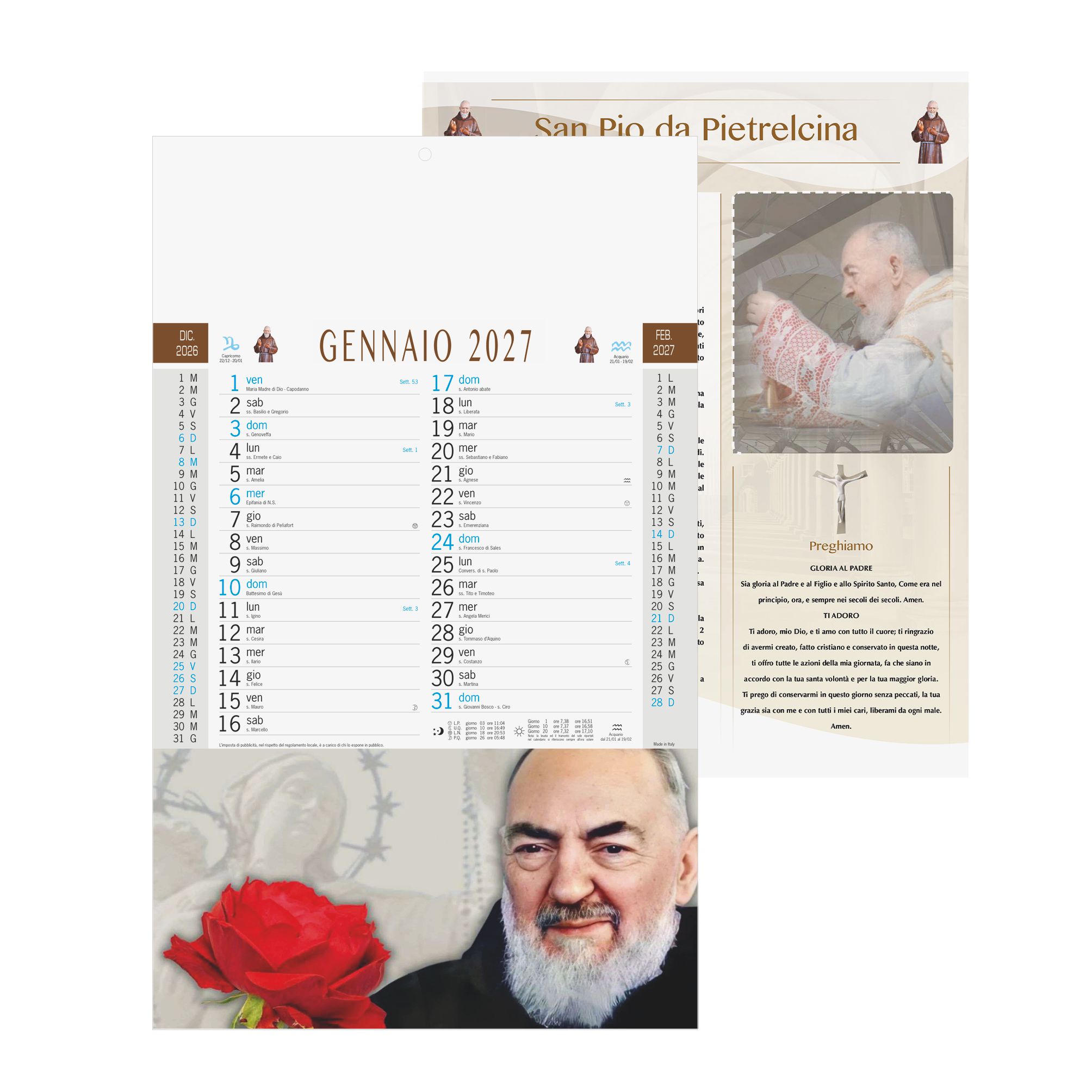 calendario san pio trimestrale 12 fogli retro carta patinata testata pressofusa