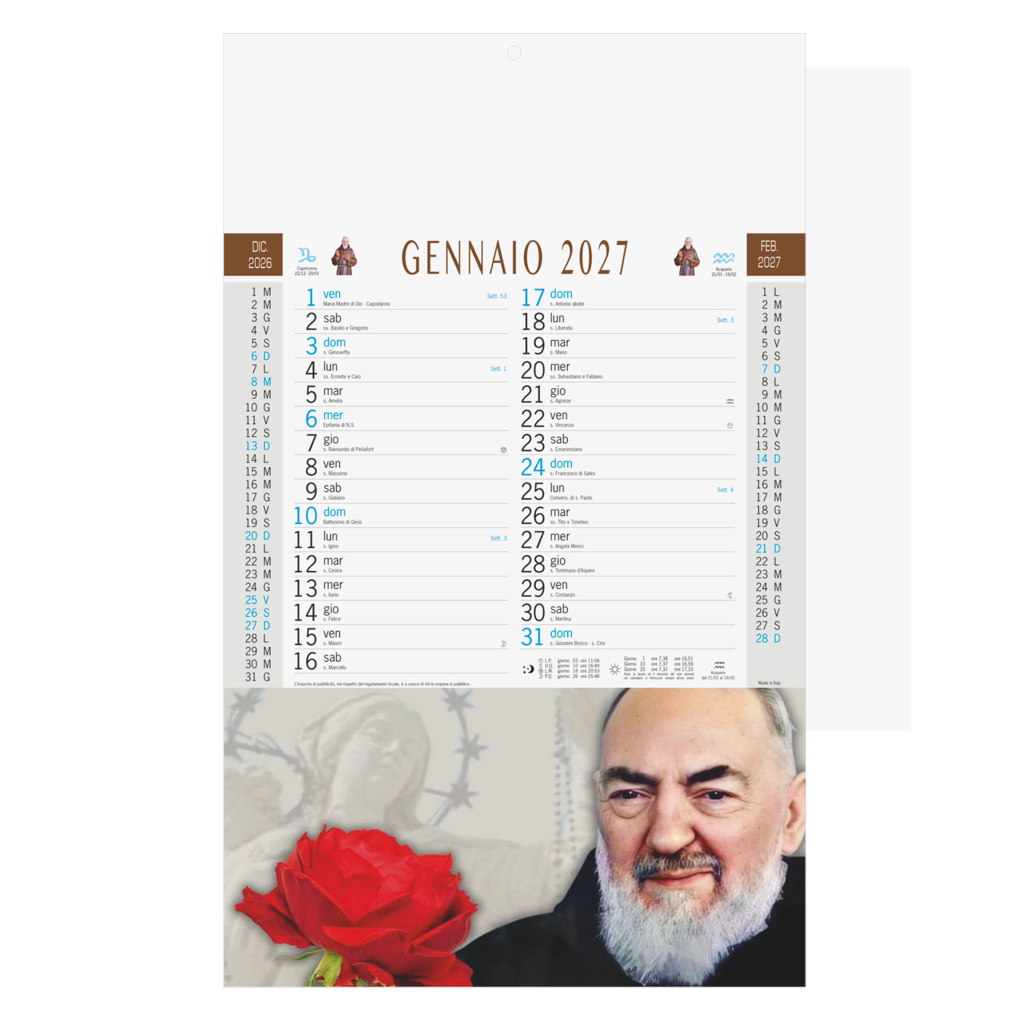 calendario san pio trimestrale 12 fogli retro carta patinata testata pressofusa