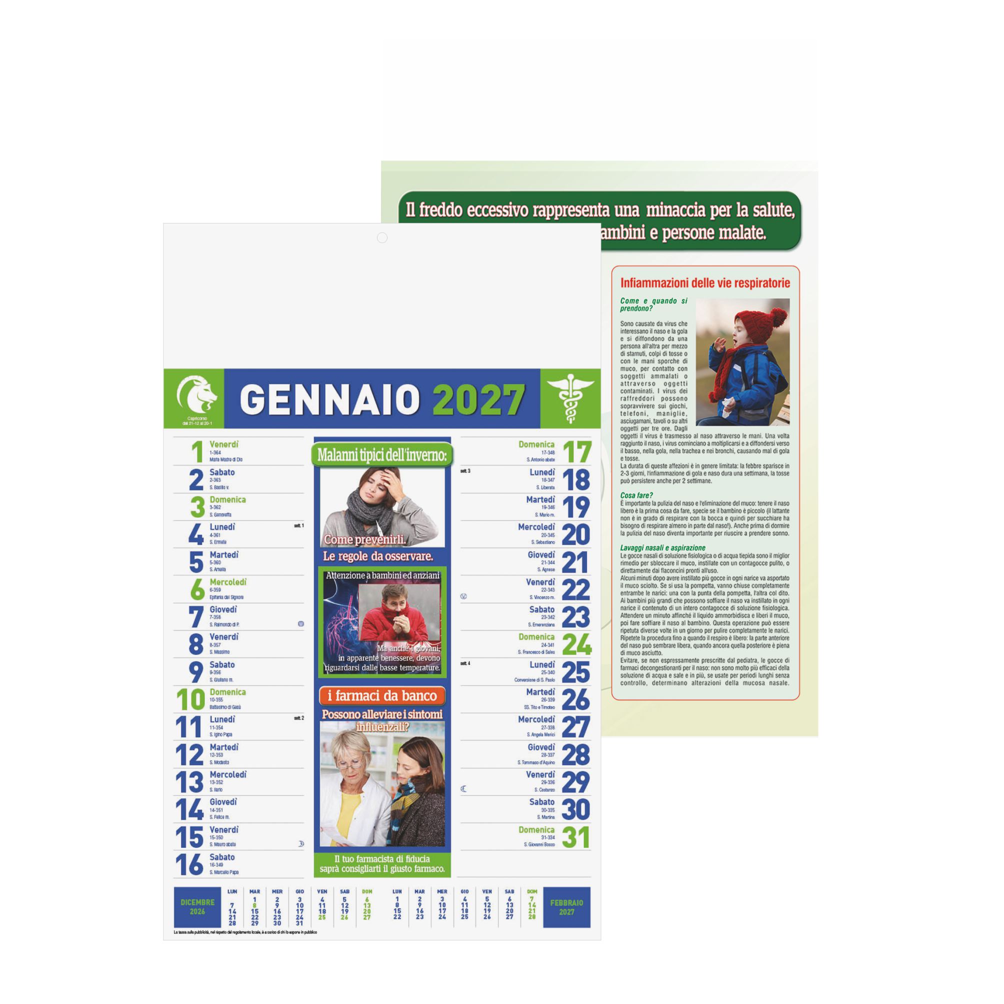 calendario consigli del farmacista trimestrale 12 fogli retro carta patinata testata pressofusa