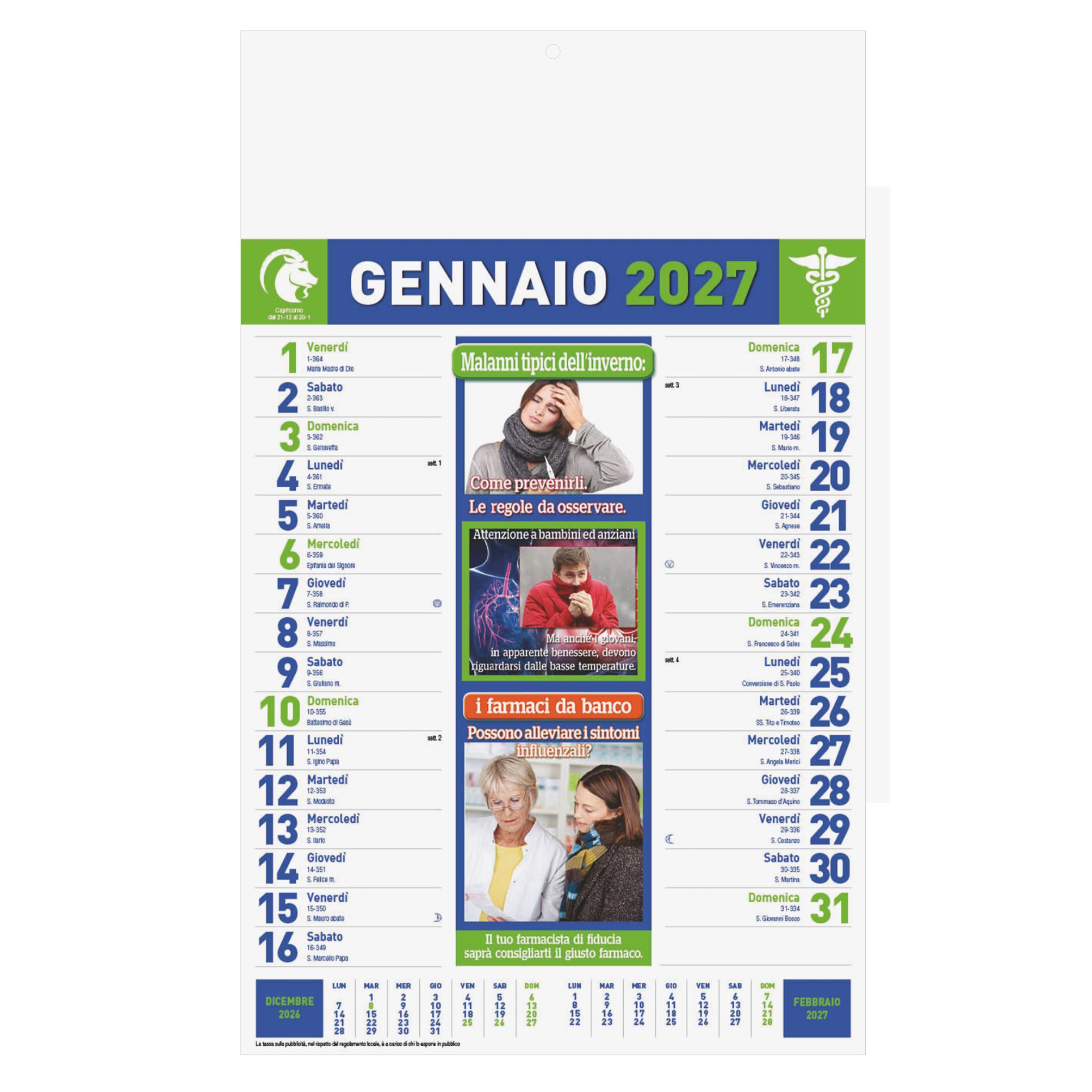 calendario consigli del farmacista trimestrale 12 fogli retro carta patinata testata pressofusa