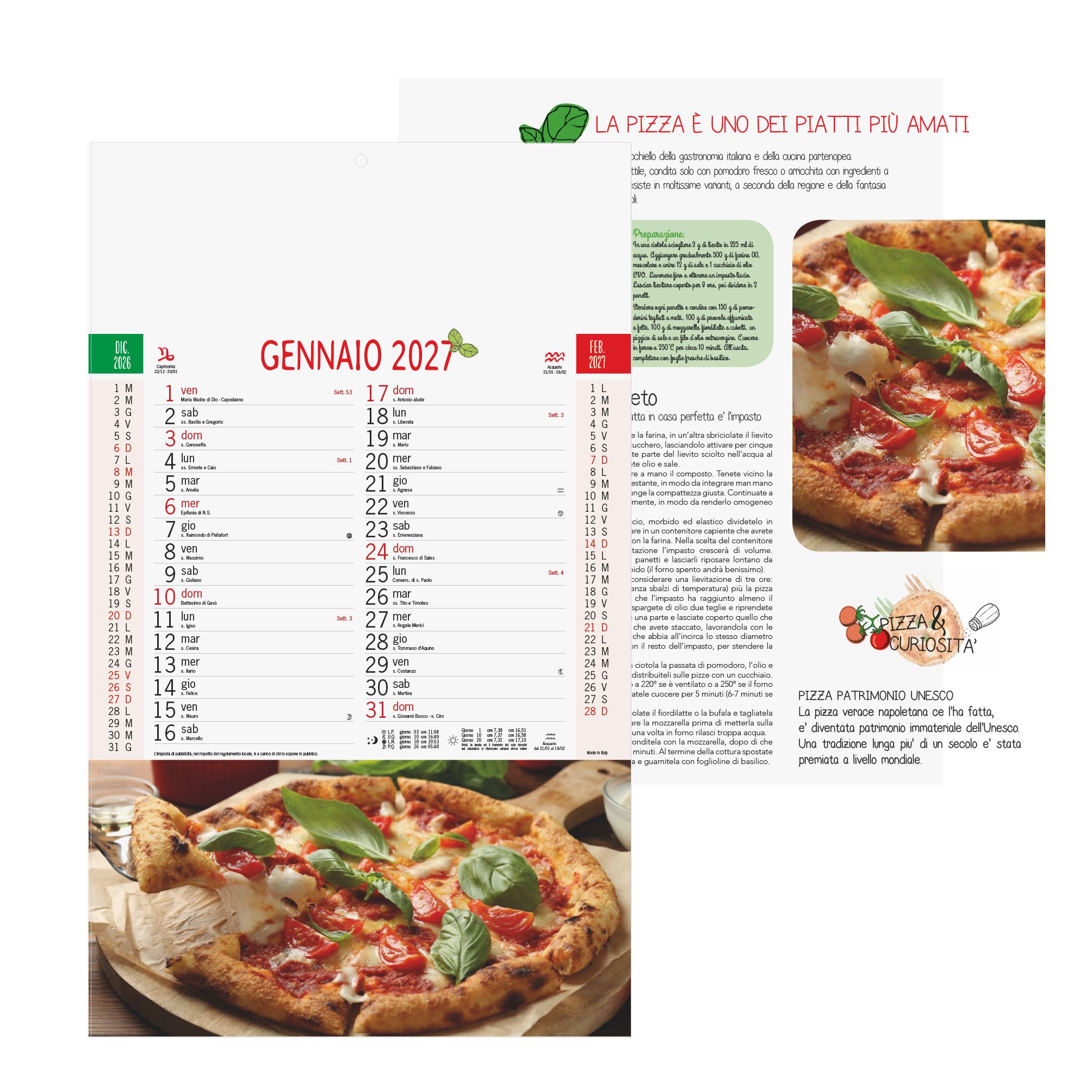 calendario pizza trimestrale 12 fogli retro carta patinata testata pressofusa