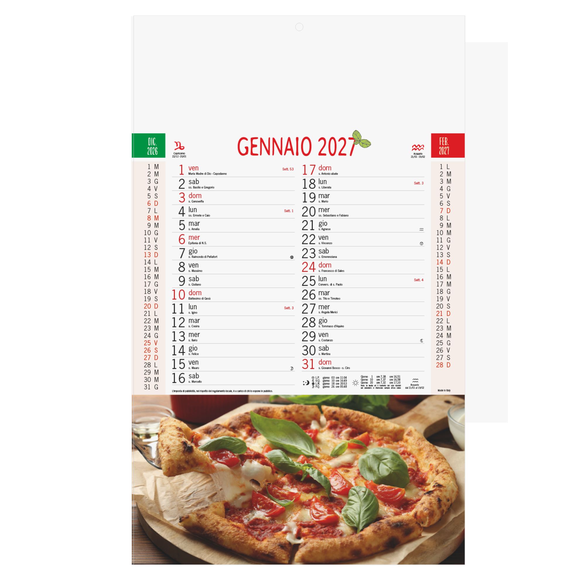 calendario pizza trimestrale 12 fogli retro carta patinata testata pressofusa