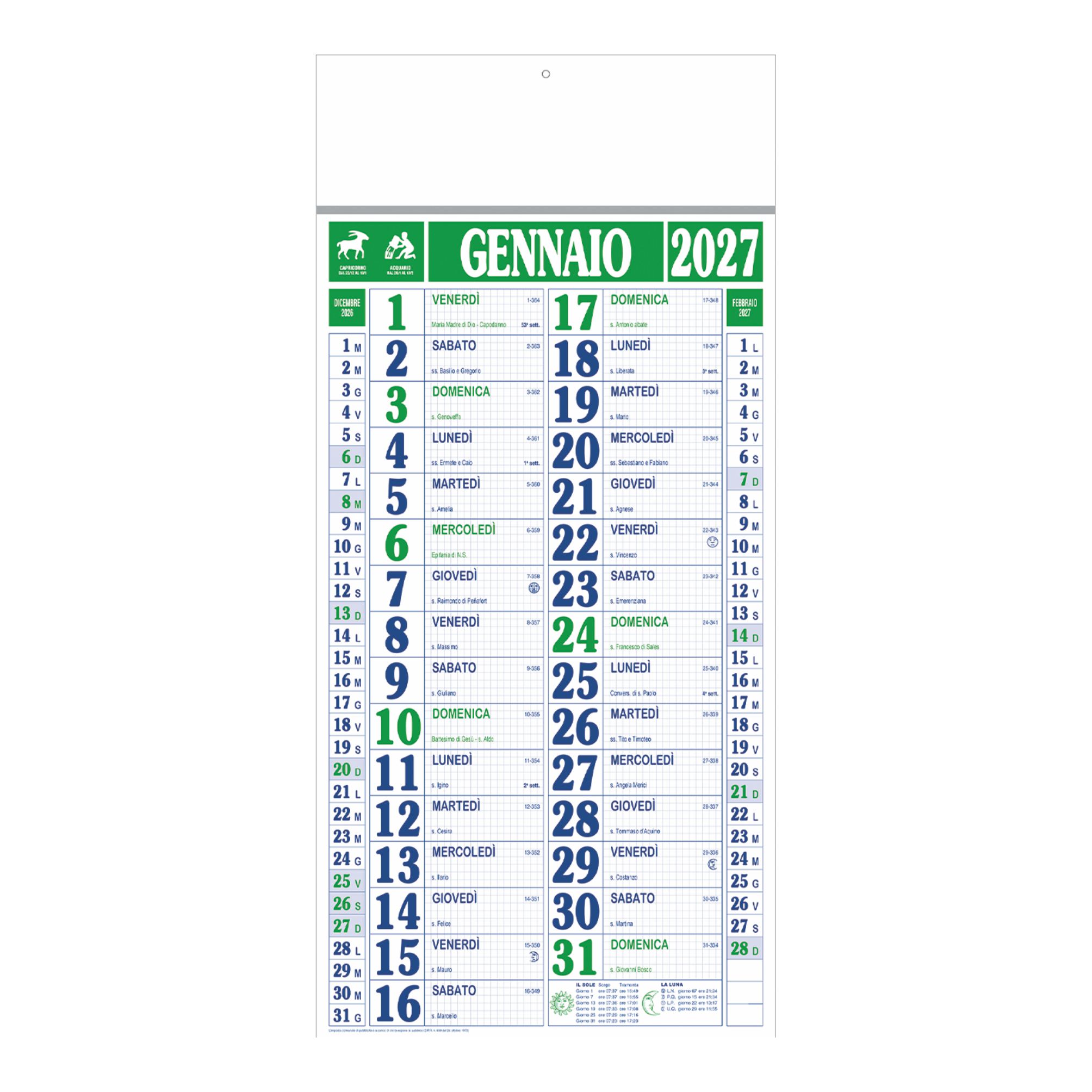 calendario olandese maxi quadrettato 12 fogli carta patinata astina metallica colore verde