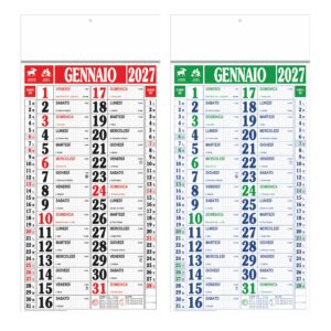 calendario olandese maxi quadrettato 12 fogli carta patinata astina metallica colori rosso verde