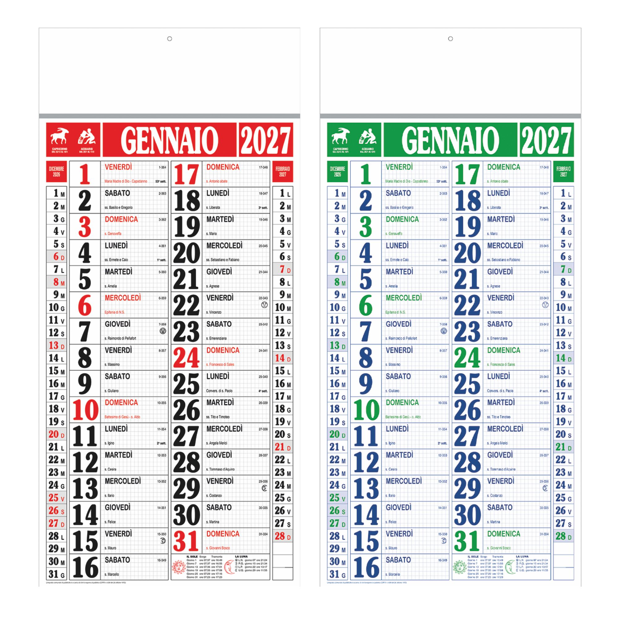 calendario olandese maxi quadrettato 12 fogli carta patinata astina metallica colori rosso verde