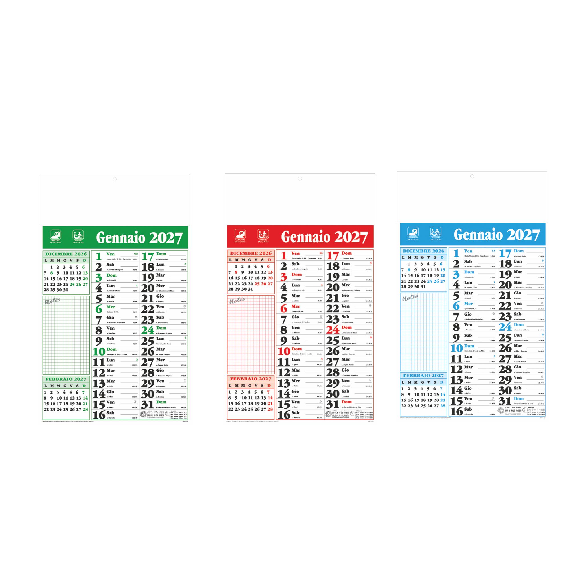calendario olandese notes 12 fogli carta patinata testata pressofusa colori rosso verde blu