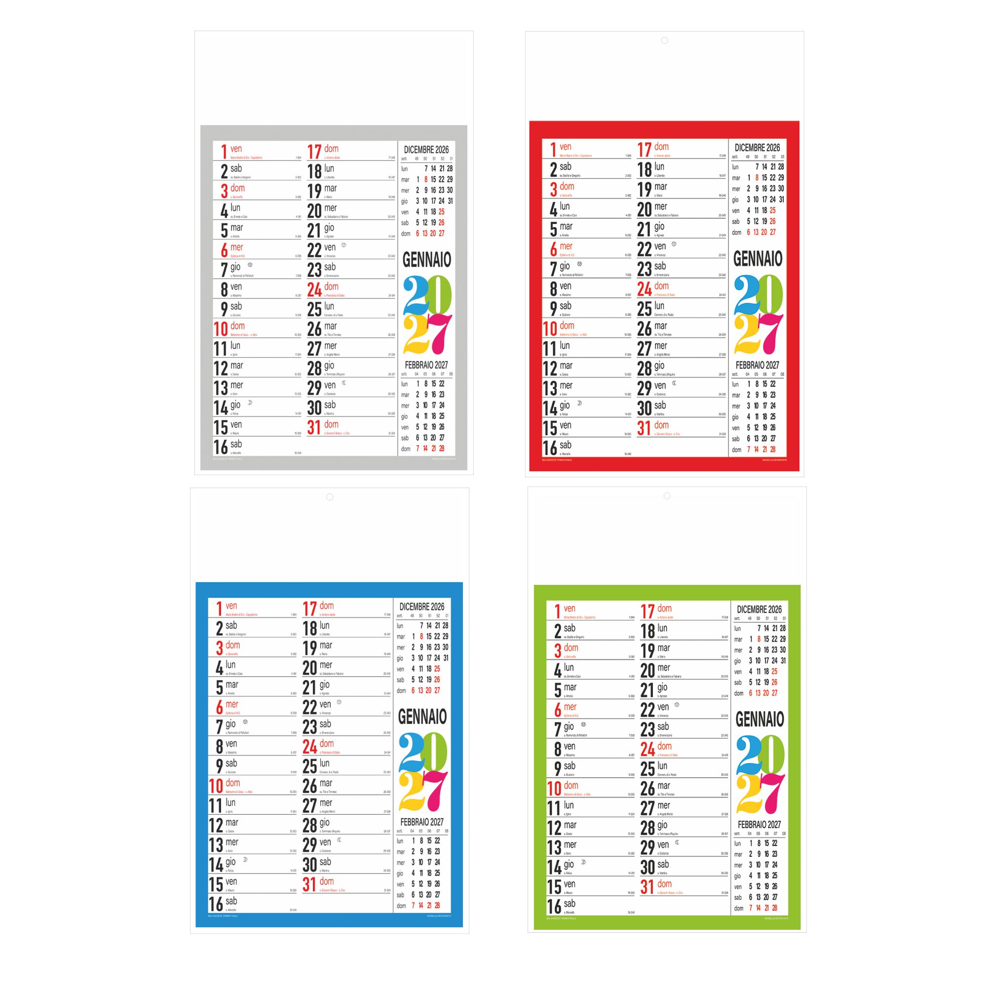 calendario svedese trimestrale 12 fogli con testata pressofusa personalizzabile colori blu verde rosso grigio