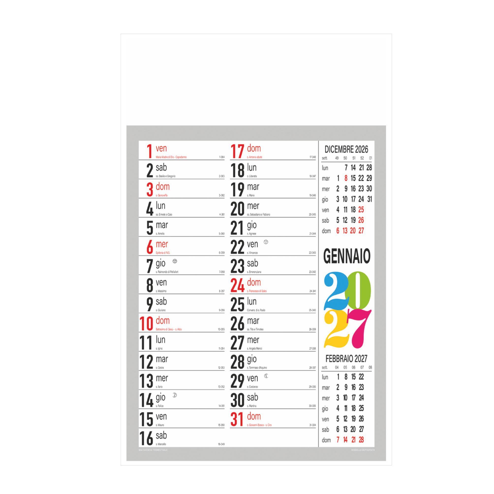 calendario svedese trimestrale 12 fogli con testata pressofusa personalizzabile colore grigio
