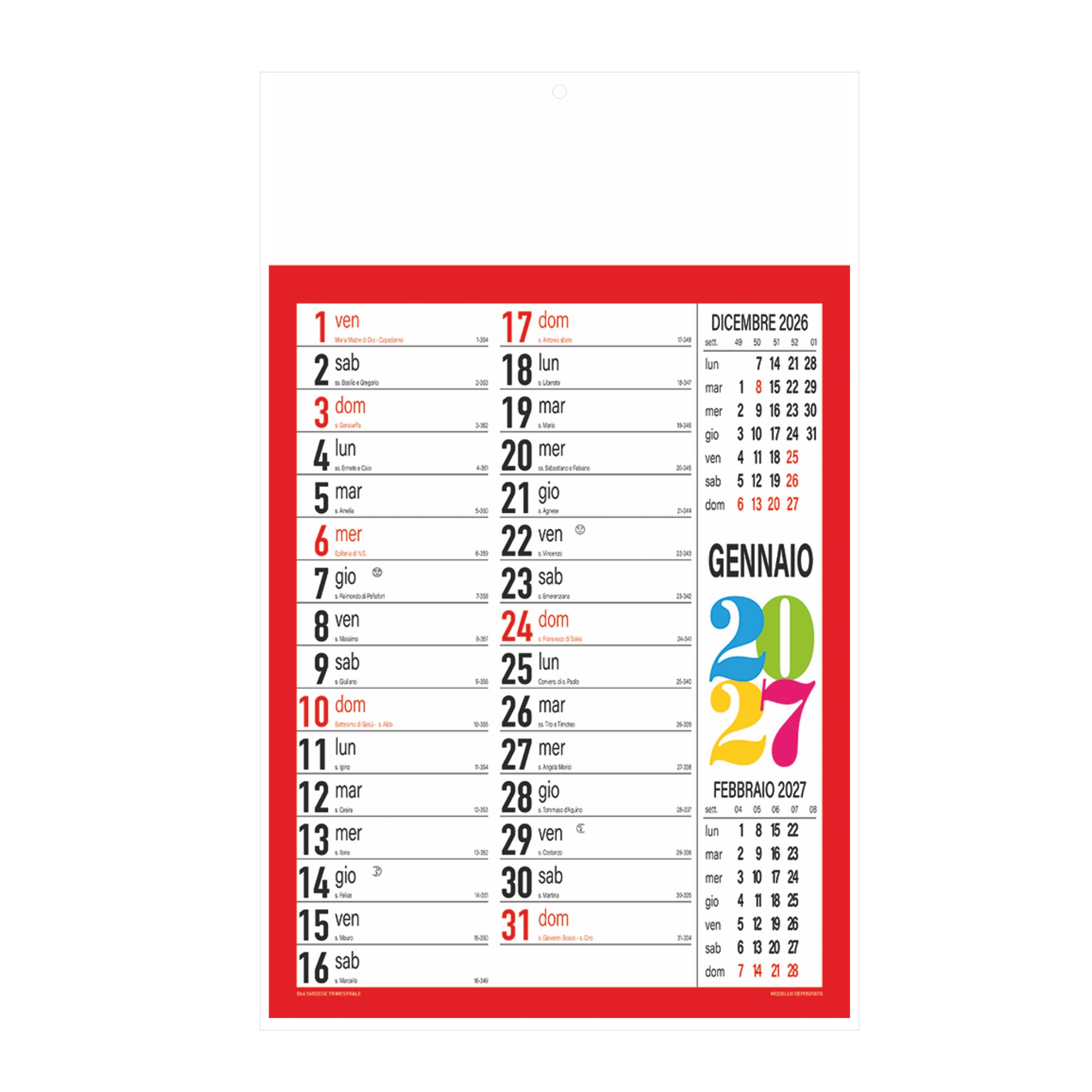 calendario svedese trimestrale 12 fogli con testata pressofusa personalizzabile colore rosso