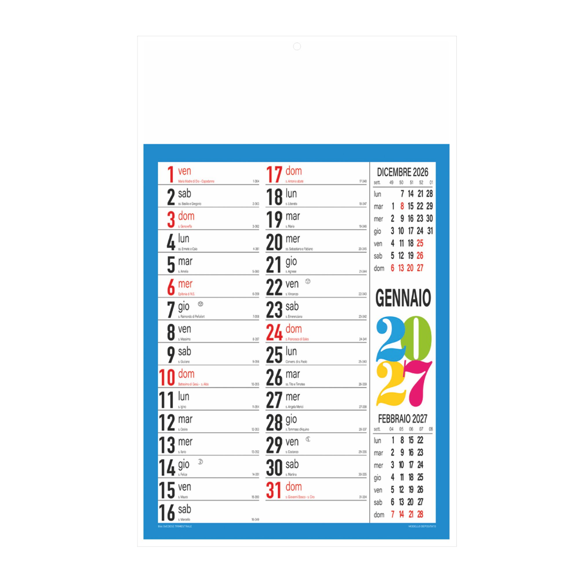 calendario svedese trimestrale 12 fogli con testata pressofusa personalizzabile colore blu