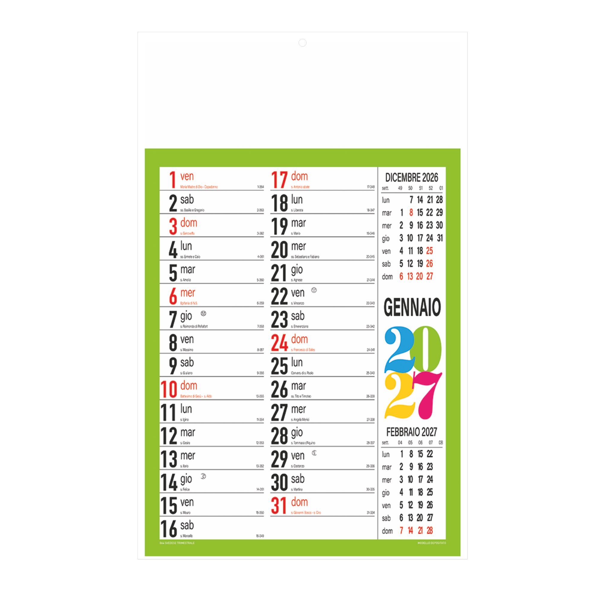 calendario svedese trimestrale 12 fogli con testata pressofusa personalizzabile colore verde