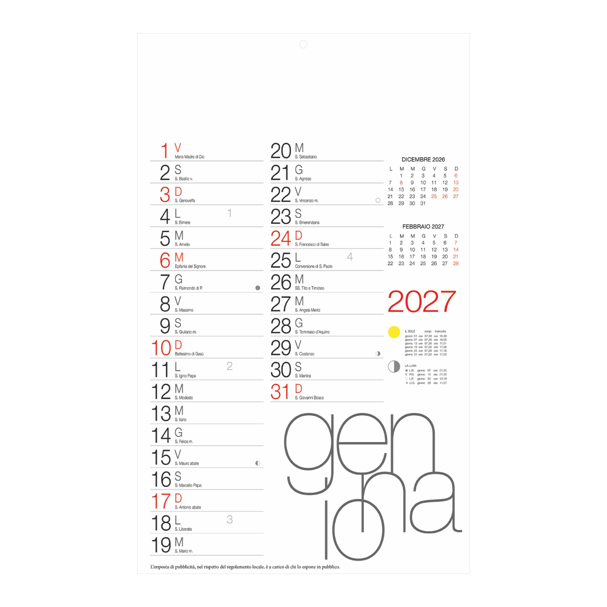 calendario olandese medio 12 fogli carta patinata personalizzabile testata pubblicitaria