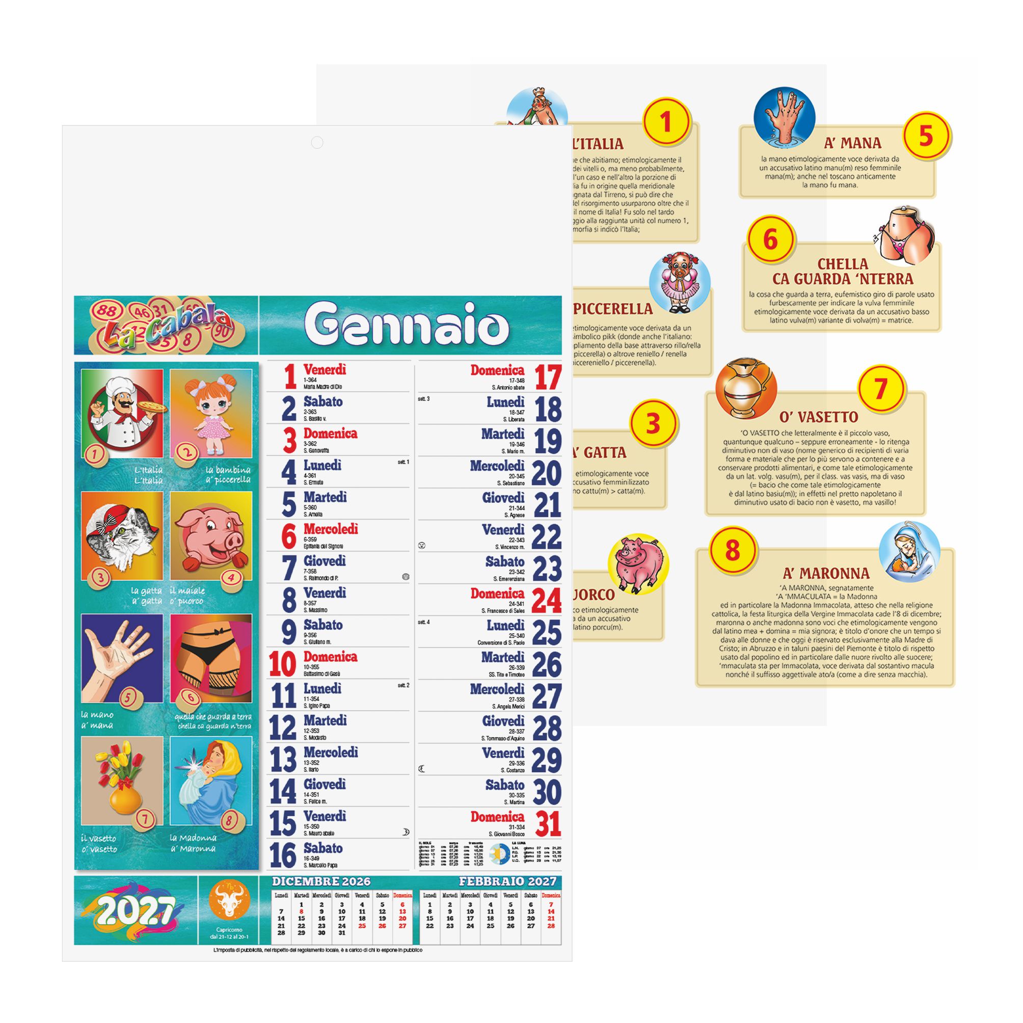 calendario cabala trimestrale 12 fogli carta patinata testata pressofusa personalizzabile