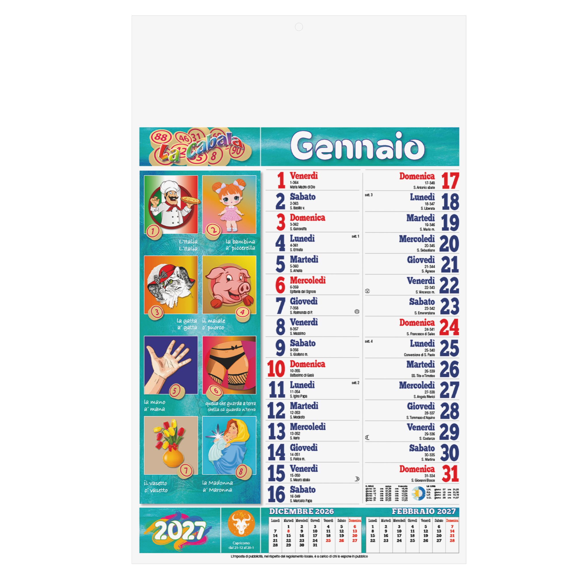 calendario cabala trimestrale 12 fogli carta patinata testata pressofusa personalizzabile