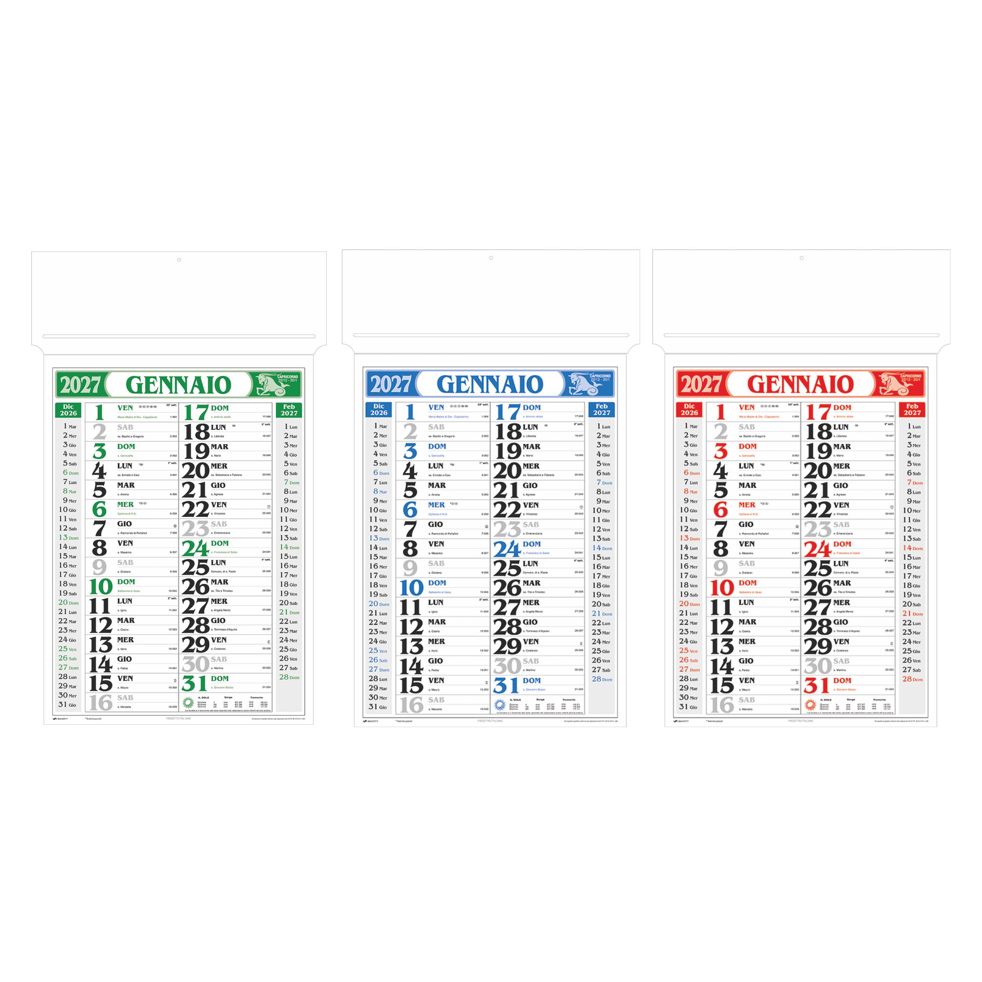 calendario olandese passafoglio trimestrale 12 fogli testata rinforzata colori rosso blu verde