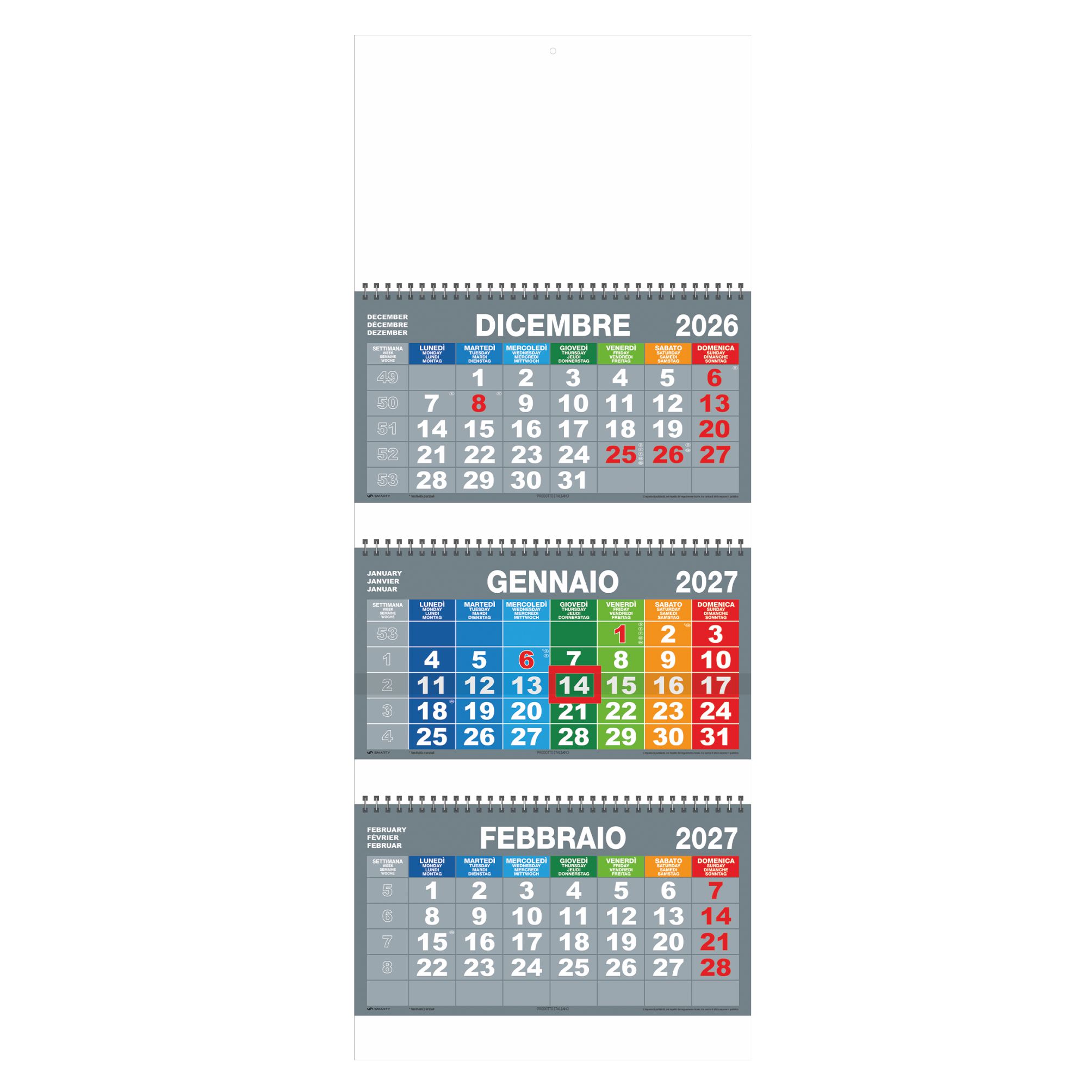 calendario trittico con cursore 12 fogli carta patinata opaca testata rinforzata