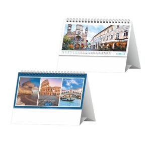 fronte e retro del calendario paesaggi e citta da tavolo trimestrale 13 fogli carta patinata opaca piedino personalizzabile