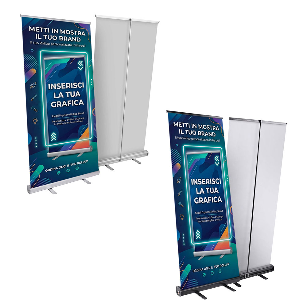 Espositore Roll Up Standard nei colori argento e nero con borsa da trasporto.