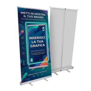 Espositore Roll Up Standard argento con borsa da trasporto.