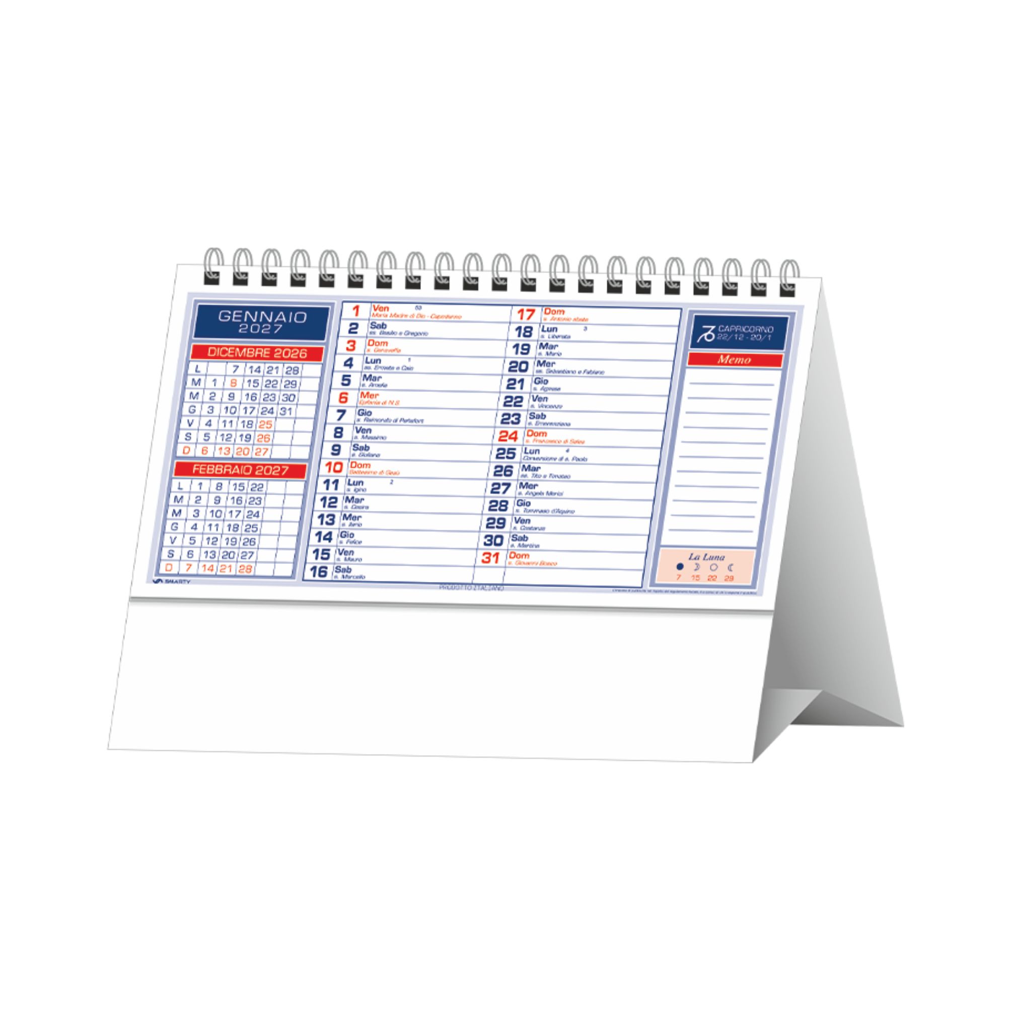 calendario da tavolo basic trimestrale 13 fogli carta naturale 80g piedino personalizzabile rosso