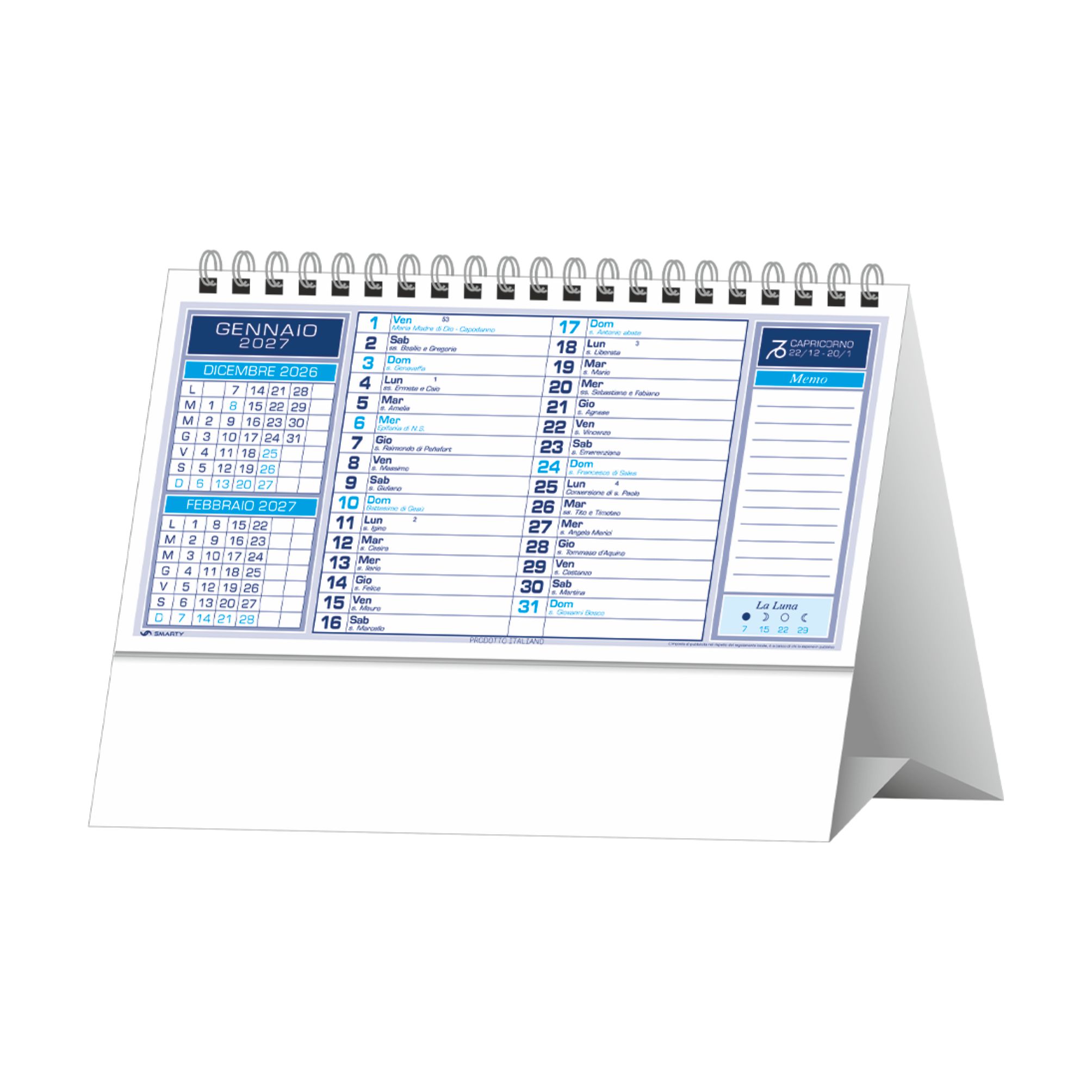 calendario da tavolo basic trimestrale 13 fogli carta naturale 80g piedino personalizzabile blu