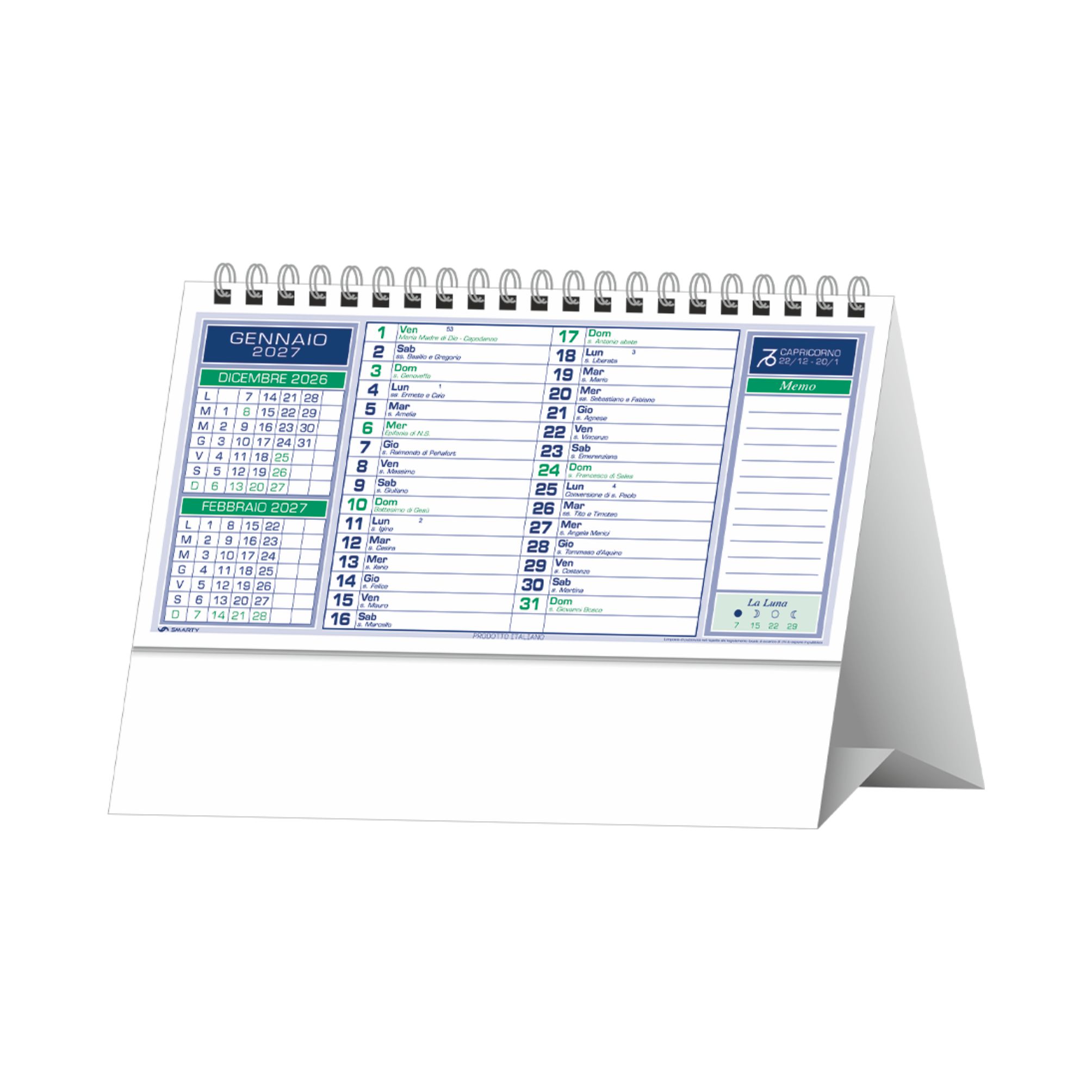 calendario da tavolo basic trimestrale 13 fogli carta naturale 80g piedino personalizzabile verde
