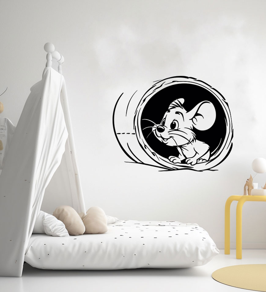 wall sticker adesivo murale intagliato topolino topo simpatico che esce da un buco bianco e nero