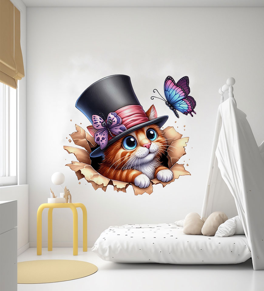 wall sticker adesivo murale vinile gatto occhi blu cilindro farfalle colori vivaci
