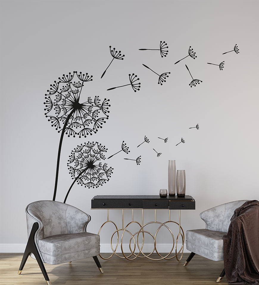 wall sticker adesivo murale soffione dente di leone in volo intagliato vinile nero minimal