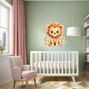 wall sticker adesivo murale illustrazione cucciolo di leone cartoon giallo fiori stampa hd