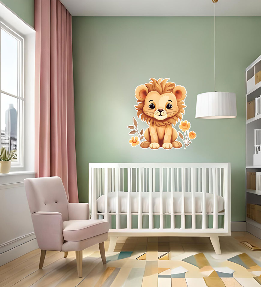 wall sticker adesivo murale illustrazione cucciolo di leone cartoon giallo fiori stampa hd