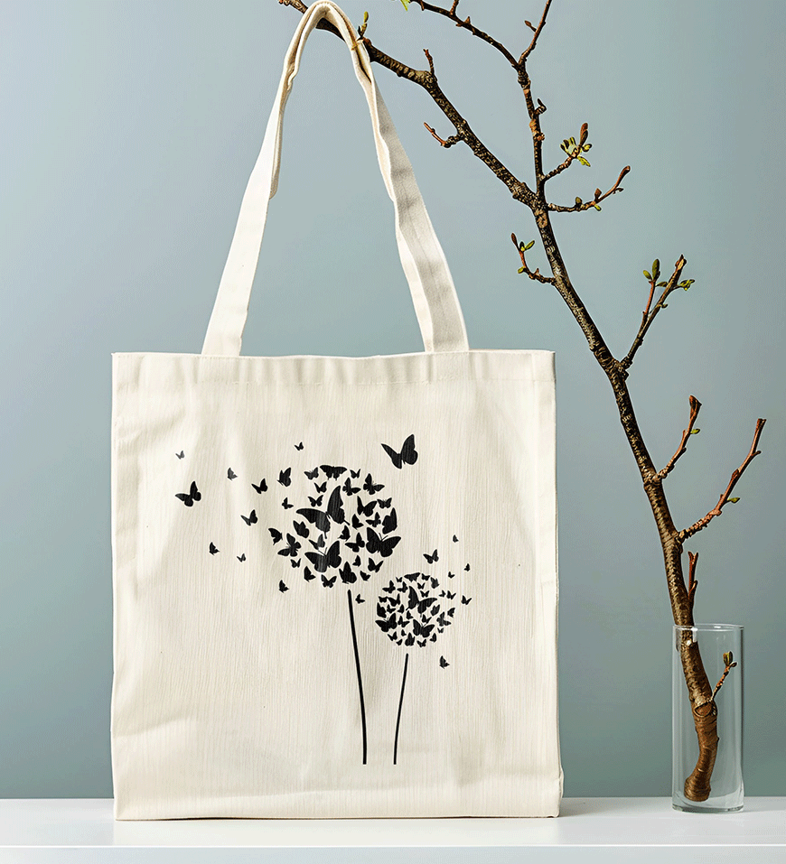 Borsa shopper in cotone colore natural con stampa nera di soffioni e farfalle e manici lunghi a spalla.