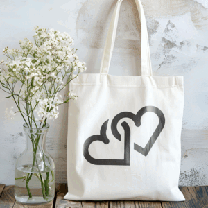 Borsa shopping in cotone natural 38x42 cm con manici lunghi e stampa grafica con due cuori intrecciati grigi