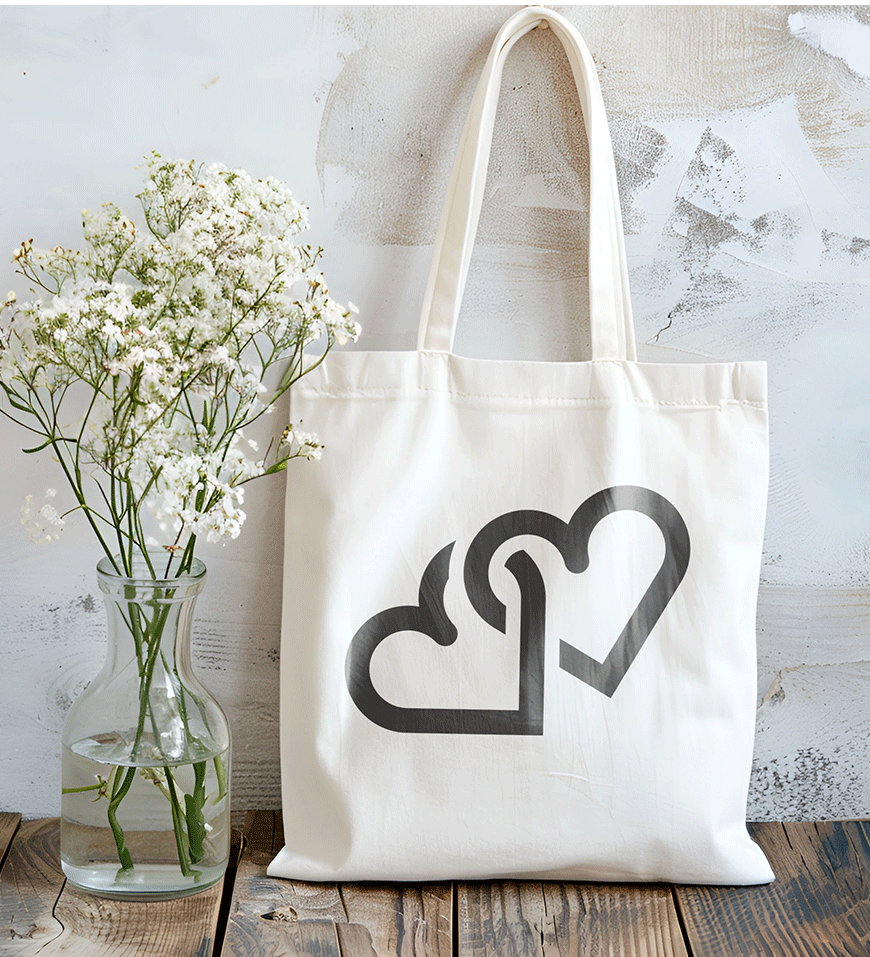 Borsa shopping in cotone natural 38x42 cm con manici lunghi e stampa grafica con due cuori intrecciati grigi