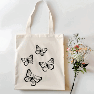 Borsa shopping in cotone natural 38x42 cm con manici lunghi e stampa grafica con quattro farfalle nere stilizzate