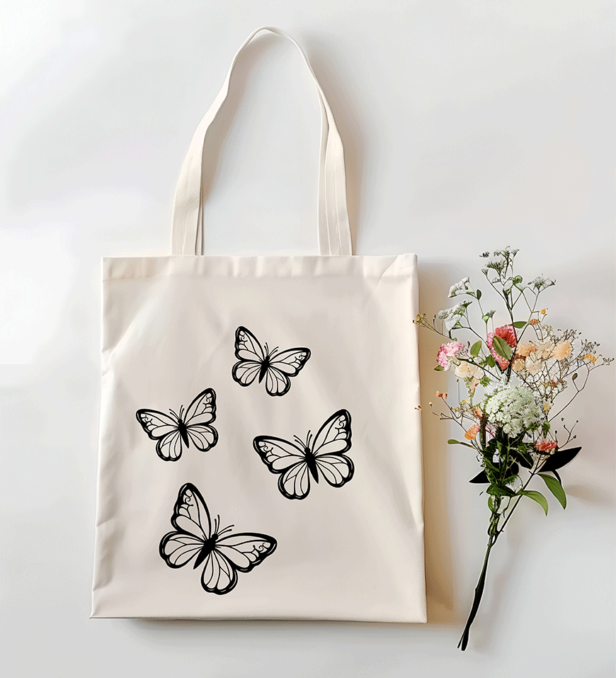 Borsa shopping in cotone natural 38x42 cm con manici lunghi e stampa grafica con quattro farfalle nere stilizzate