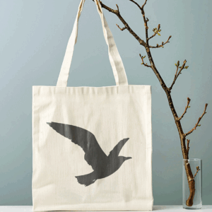 Borsa shopping in cotone natural 38x42 cm con manici lunghi e grafica con silhouette di gabbiano in volo