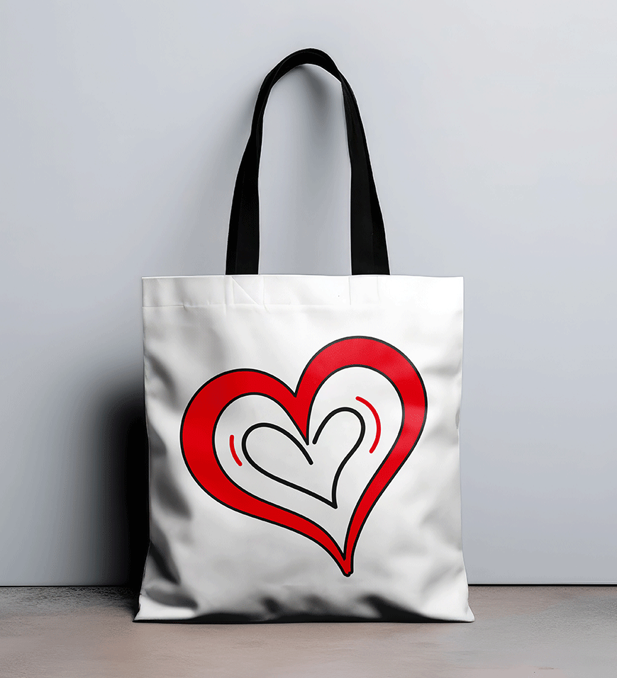 Borsa shopping in cotone natural 38x42 cm con manici lunghi neri e stampa grafica con grande cuore rosso e nero