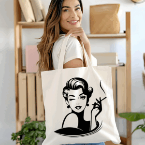 Borsa shopping in cotone natural 38x42 cm con manici lunghi e stampa grafica con ritratto di donna vintage stilizzata che fa l'occhiolino