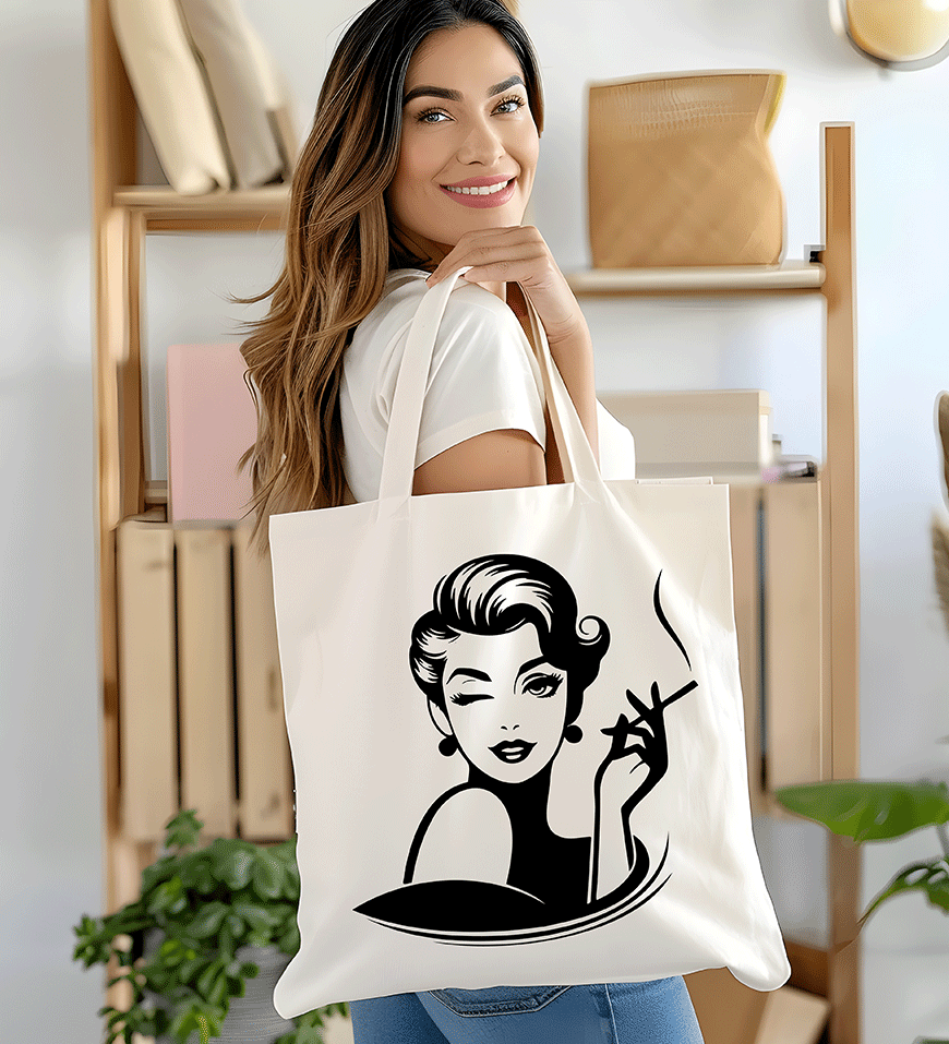 Borsa shopping in cotone natural 38x42 cm con manici lunghi e stampa grafica con ritratto di donna vintage stilizzata che fa l'occhiolino