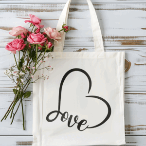 Borsa shopping in cotone natural 38x42 cm con manici lunghi e stampa grafica con cuore stilizzato e scritta Love in corsivo