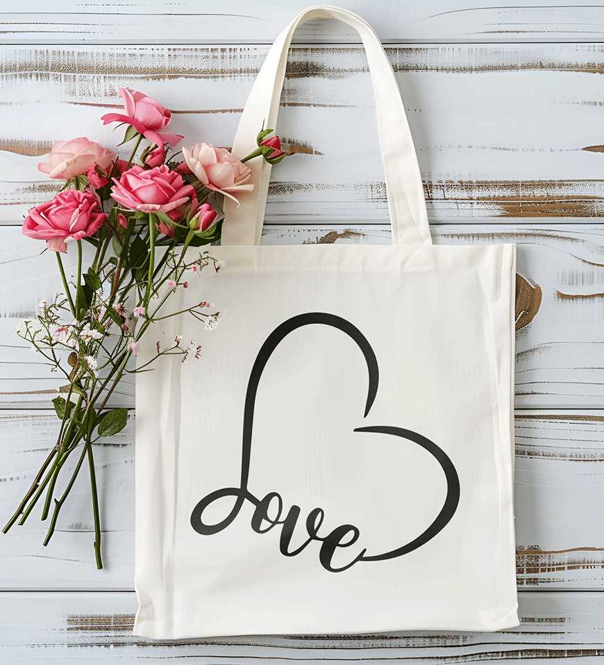 Borsa shopping in cotone natural 38x42 cm con manici lunghi e stampa grafica con cuore stilizzato e scritta Love in corsivo