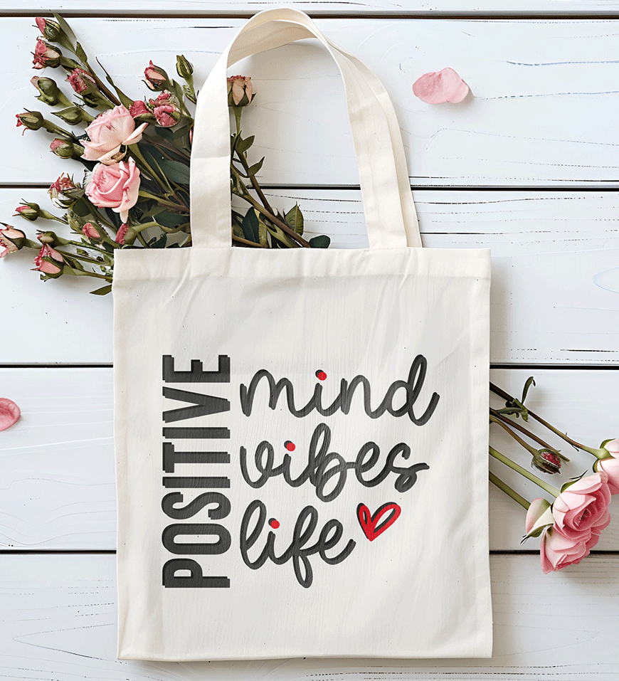 Borsa shopping in cotone natural 38x42 cm con manici lunghi e stampa grafica motivazionale Positive Mind Vibes Life con cuoricino rosso
