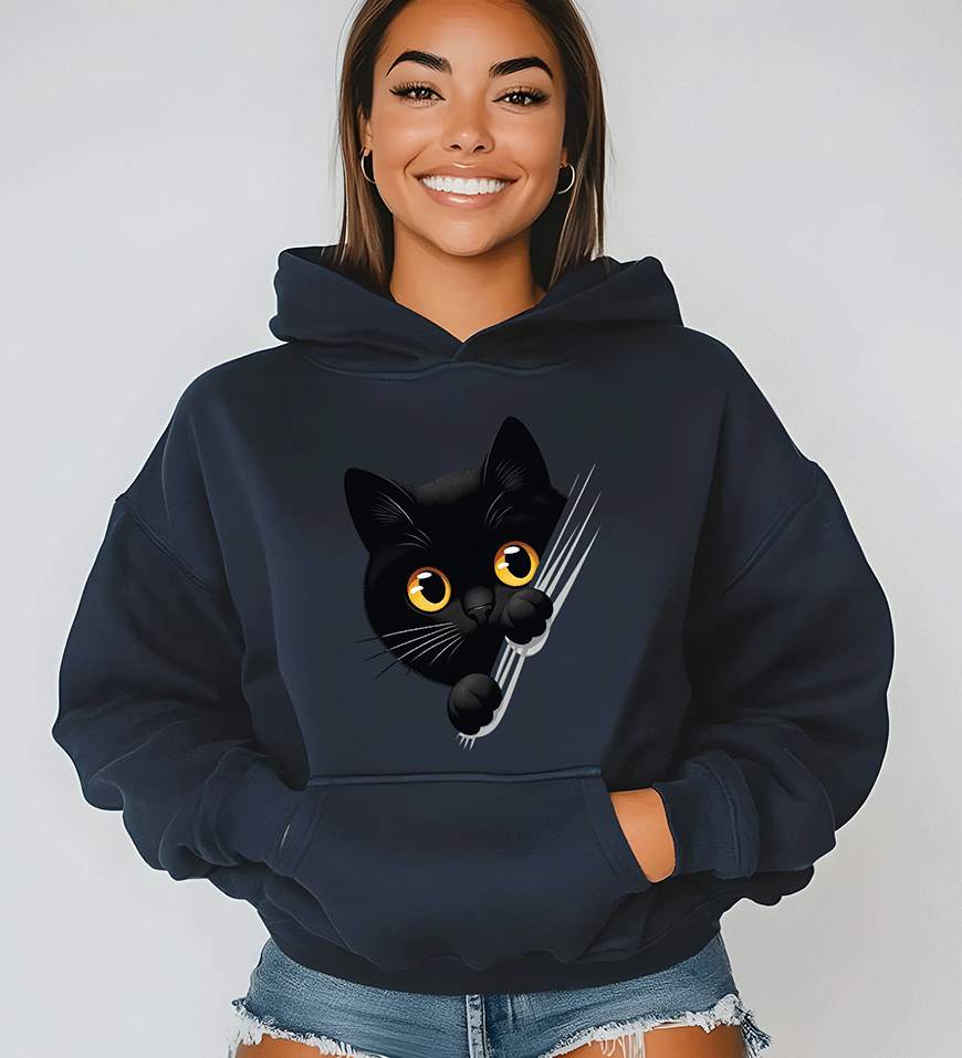 Felpa donna personalizzata con cappuccio blu navy con grafica gattino Creati Per Te JRC