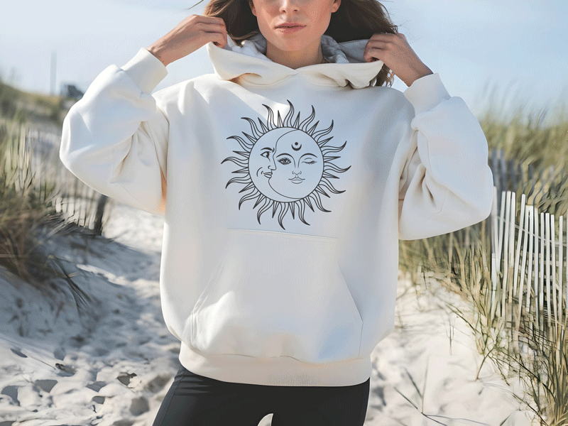 Felpa donna personalizzata con cappuccio bianca con grafica sole e luna Creati Per Te JRC